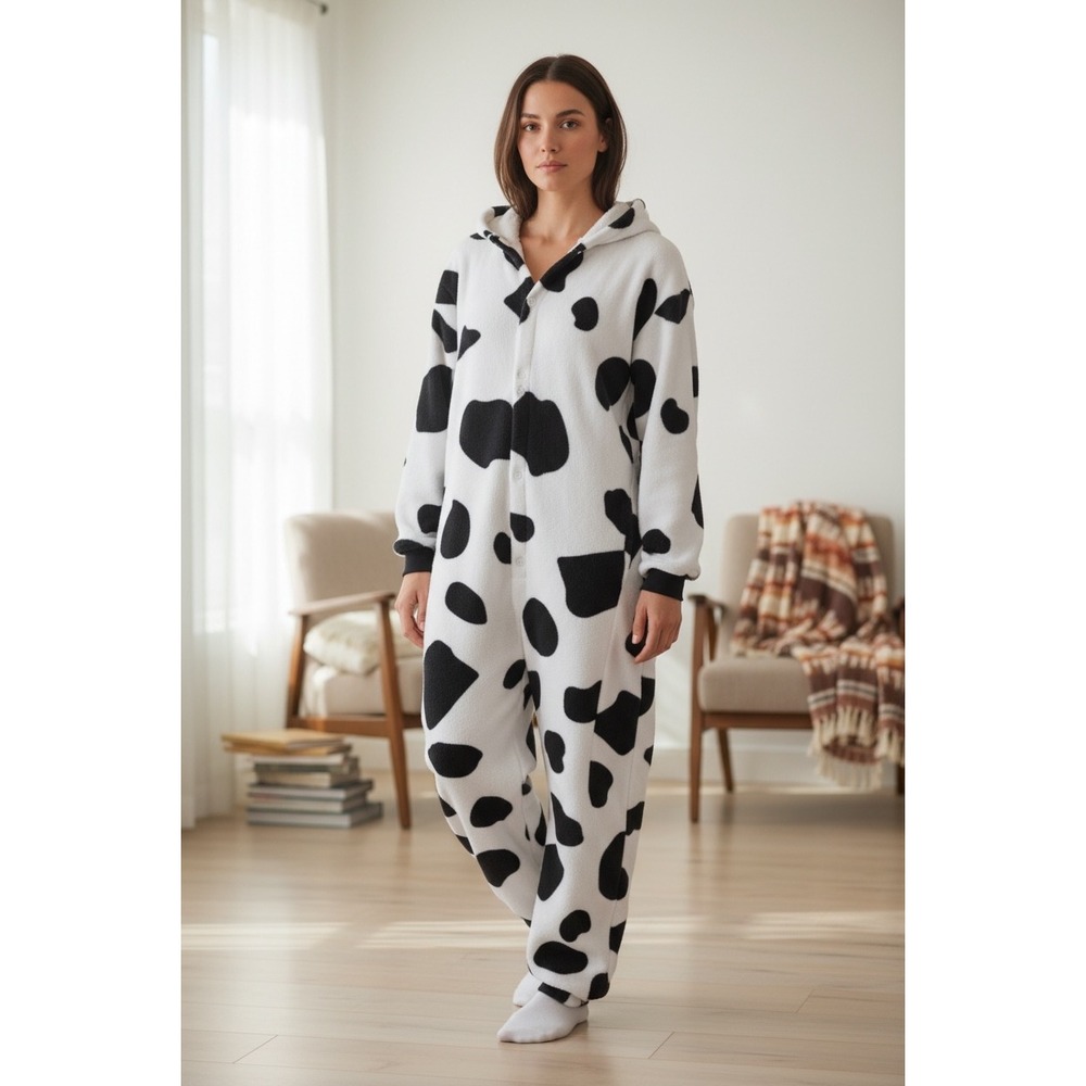 Silver‎ Lilly Cow Print Hooded Onesie Pajama Jumpsuit Womens Size Medium
